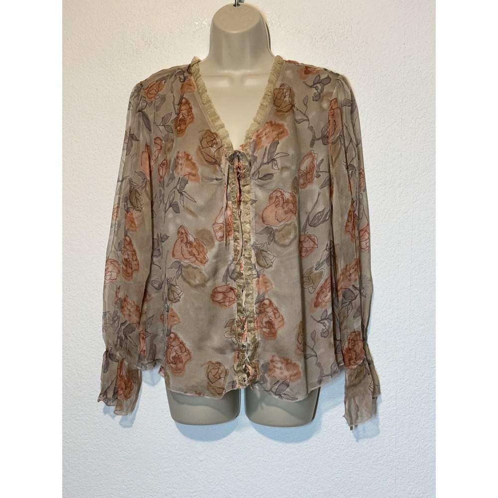 Missoni Silk Blouse Floral Long Sleeve Size XL Lace Up Front Beige Coquette Flaw